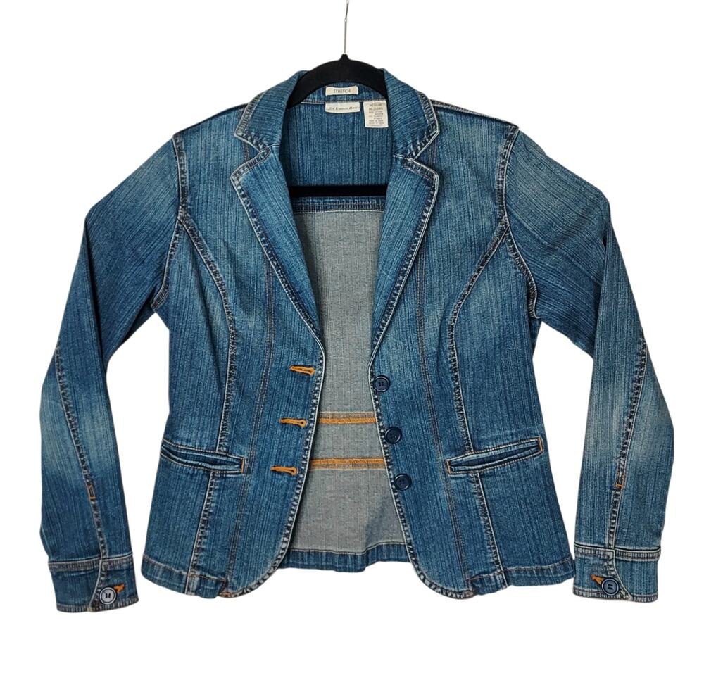 St John's Bay Women's Fitted Stretch Blue Denim Jean Jacket Western Boho Size M